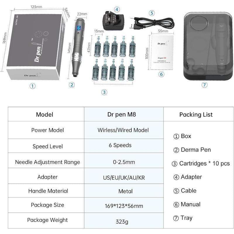 For Dr Pen M8 Wireless Skin Care Tool Kit for Cosmetic Use – 6 Speeds with 10 Cartridges – Home Beauty Device Microneedling Blackhead Remover Vacuum